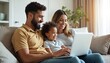 © Viktor - Happy family with young daughter using laptop on sofa. Parents and child laugh at screen, share content online together at home. Cozy living room scene.
