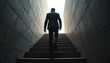 © Viktor - Silhouette of man in suit walks up concrete stairs towards bright light. Goal, progress, career, future. Ambition, challenge, growth, moving forward. Strategy, decision, rise. Success, journey,