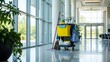 © Gea - Janitorial Cleaning Cart in Modern Office Hallway with Large Windows, Bright Environment, and Reflective Floor Viewpoint