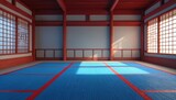 Empty martial arts dojo with blue tatami mats, red borders. Traditional Japanese architecture with wooden beams, shoji screens. Natural light streams into serene training space, ideal for combat
