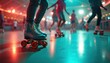 © Maryna - People skate on roller rink under colorful neon lights. Friends enjoy leisure activity on wheels gliding across floor. Youthful group has fun during night party.