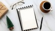 © Blind  - stylish desk setup featuring a blank notebook on top of striped paper, glasses, a cup of coffee, a small wrapped gift, wallpaper, seasonal decorations, perfect for holiday planning and creative work