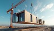 © Maryna - Crane lifts modular home sections onto building site. Prefabricated house units assemble quickly for modern construction. Eco friendly building process speeds up home creation.