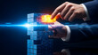 © emwe studio - Finger pushing glowing orange block into blue stack symbolizing inputting data and system update