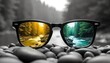 © Maryna - Black framed eyeglasses show a forest river scene. One lens displays a warm yellow hue, the other a vibrant blue green. Nature view through eyewear.
