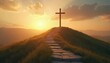© Maryna - Stone steps lead up a grassy hill to a wooden cross against a warm sunset sky. A path ascends towards a symbol of faith and hope under soft clouds.