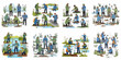© Muqodimatul - Environmental Scientists and Ecologists Conducting Fieldwork in Wetland Ecosystems, Collecting Soil, Water Samples, and Surveying Biodiversity Illustration Set.
