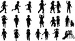 © Sagheer - Collection of diverse black and white silhouette icons depicting children running playing and enjoying outdoor playground activities