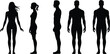 © Sreemotijaynotyrani  - Full body standing human silhouettes, male and female figures in front and profile view for anatomy, health, and fitness vector graphics