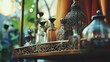 © StarzDream - Ornate antique brass perfume bottles arranged on a shelf
