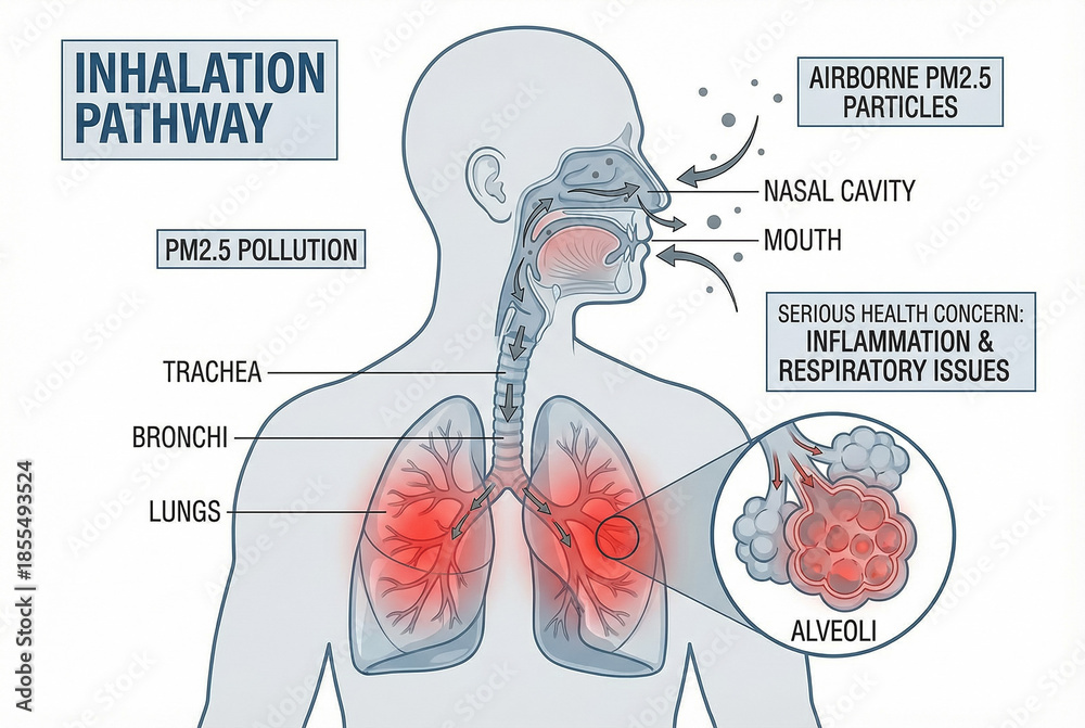 Medical Diagram Of The Inhalation Pathway Showing PM2 5 Air Pollution 