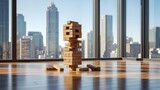Balancing act in the modern business world, a precarious tower of wooden blocks stands against a backdrop of towering city skyscrapers, symbolizing challenges and strategic decisions