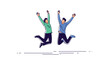 © John - Two joyful men jumping in the air with arms raised celebrating success and happiness against a plain white background.