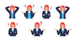 © Mst - Illustrations of a businesswoman in various poses expressing confusion, doubt, and frustration, often accompanied by question marks.