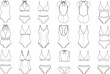 © Maminul - Black and white line drawing of 25 swimsuit designs featuring bikini and one-piece styles for fashion, catalog, and vector illustration use.