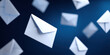 © Keopaserth - White envelope envelope mail message blue background flying envelope white paper communication postal correspondence delivery email concept paper envelope floating motion studio lighting closeup