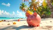 © Mahsya - A piggy bank wearing a pineapple slice on a sunny tropical beach