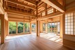 © SilentSmog - New wooden house construction process: the interior of an unfinished timber frame structure with roof beams and windows, a real estate development project in Japan, captured in high-resolution