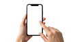 © Technology - Person holding a generic smartphone with a blank white screen, tapping the display with their finger on a clean white