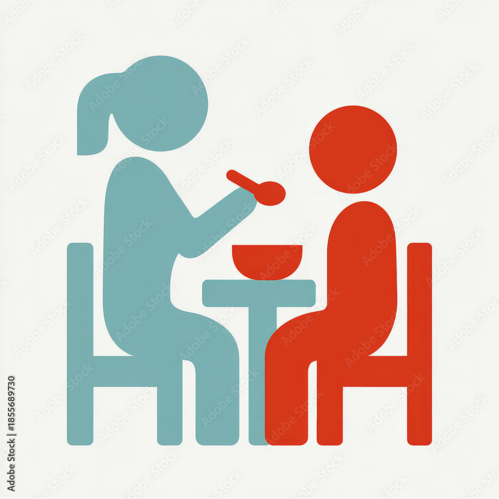 Minimalist illustration of parent feeding a child at the table.