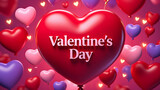 A vibrant display of heart-shaped balloons celebrating valentine's day in red, pink, and purple tones.