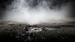 © MUHAMMAD - Dark misty empty background with wet cracked 3D asphalt floor and dramatic fog smoke in black space, gloomy mysterious moody scene, cinematic underground night landscape