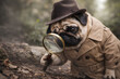 © korathak - A cute pug dog detective wearing a trench coat and hat holding a magnifying glass looking for clues or searching for information mystery concept.