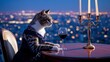 © Gleb - Elegant Cat in Evening Dress with Wine and City Lights