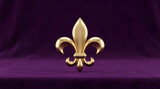 Golden fleur de lis symbol on a rich purple velvet background. Royal emblem for monarchy, medieval history, or luxury design.