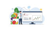 © James - Nutritionist or doctor presenting healthy eating habits with a basket of fresh vegetables and fruits and a data chart on a screen.