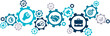© j-mel - Business service & support vector illustration. Blue concept with icons related to client assistance, office management, professional customer care, help desk, company network, problem solving.