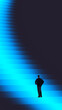 © master1305 - Futuristic poster with businessman facing abstract glowing blue stairs. Concept of long term goals, strategic vision, overcoming challenges, and business growth planning.