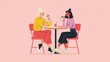 © Rauf - Flat-style vector illustration of two female friends chatting and sharing gossip in a cafÃ©.