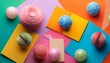 © Terrance - vibrant abstract background with colorful sticky notes and decorative spheres representing creativity and idea generation