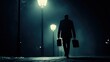 © KimMi - A dramatic silhouette of a kidnapper holding a briefcase or bag, walking away under street lamps at night