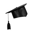 © MST - A black graduation mortarboard hat with a tassel and a rolled diploma isolated on a white background symbolizing a college student's academic success and university degree achievement ceremony