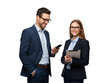 © mamo studios - Smiling business professionals using modern technology. Young man checking smartphone, young woman holding a tablet, both wearing glasses in corporate attire, isolated on transparent background.