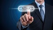 © TechVerse - Businessman in suit interacting with virtual accept button on blue background