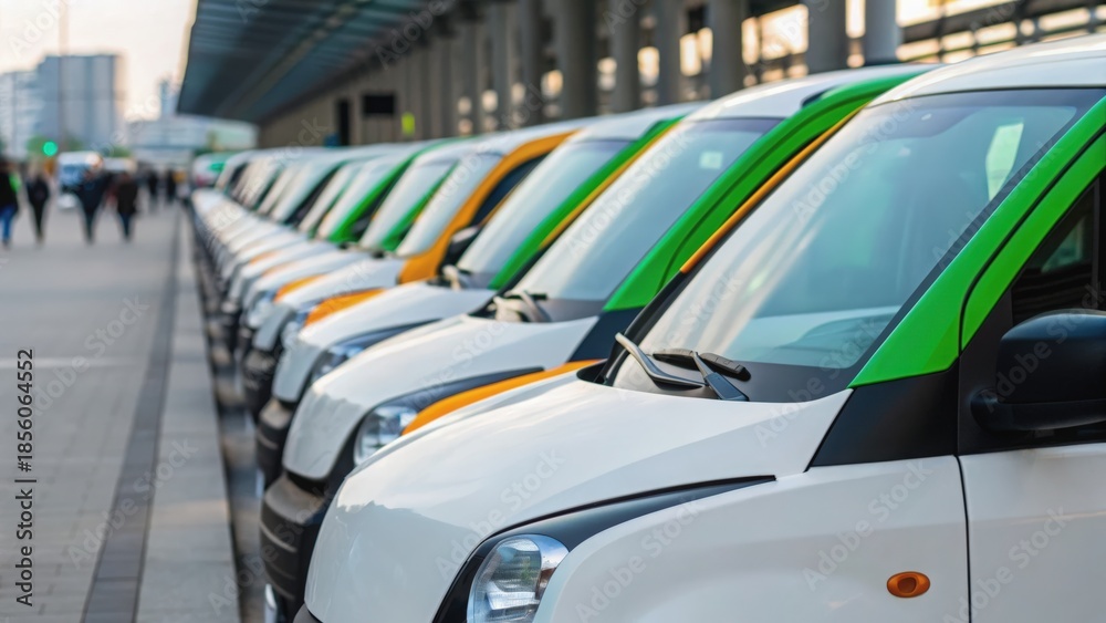 Fleet of taxis lined up at a busy urban location, showcasing a variety of colors and designs.