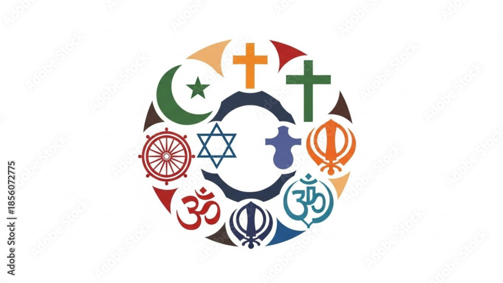 Diverse religious symbols in a circle representing unity and harmony ...