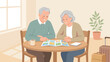 © Aether - Senior couple planning trip with brochure. Retirement travel. Elderly husband and wife with suitcase. Vacation preparation. Tourism lifestyle. Flat vector illustration. Holiday map.