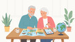 © Aether - Senior couple planning a trip. Retirement lifestyle. Elderly husband and wife with map brochure. Vacation preparation. Tablet. Globe. Flat vector illustration. Pensioners tourism.