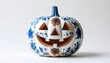 © siti - Ornate white and blue ceramic pumpkin with carved face and floral designs for Halloween