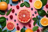 Fresh citrus and berries creating healthy colorful fruit pattern