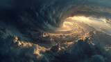 Natural disaster depiction featuring violent storm rotation, airborne debris spirals, dark turbulent clouds, powerful wind trails, and destructive atmospheric intensity creating dramatic environmental