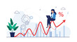 © Md Sorif - Professional woman sits on a rising red line graph and works on her laptop, surrounded by gears and financial data bars.
