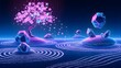 © Rizki - Wide angle view of a futuristic zen garden with a neon pink tree shedding glowing particles over a dark blue sand landscape with floating elements.