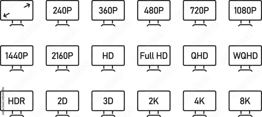 Display resolution types icons on transparent background illustrating ...