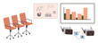 © robu_s - Office chairs, charts analyzing data, bar graph, and AI devices with translation arrows. Ideal for teamwork, business analytics, workplace tech, automation, education design planning simple flat