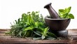 © Chloe - fresh herbs crushed with mortar and pestle on rustic wood culinary herbs ingredient